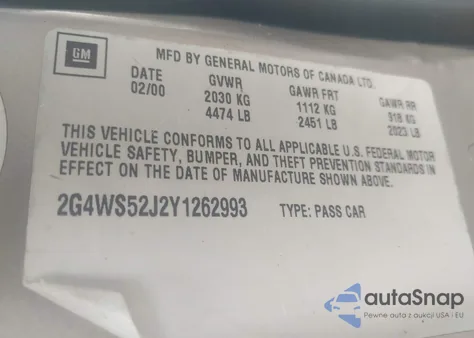 2000 Buick Century Custom from USA, damaged, VIN 2G4WS52J2Y1262993